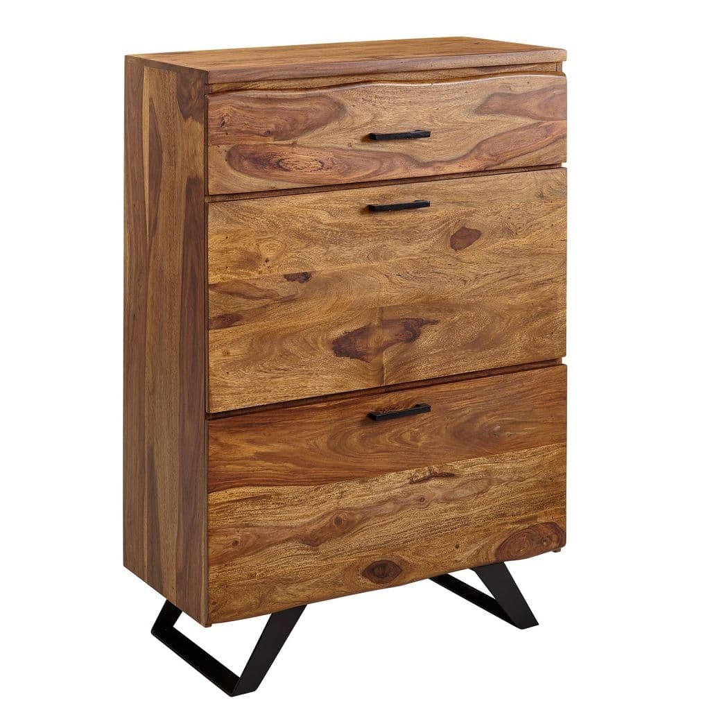 FineBuy Kommode 80x120x41,5 cm Sheesham Massivholz / Metall Flurkommode, Sideboard Highboard mit Baumkante, Kommodenschrank Holz Modern, Standschrank Anrichte Schubladenkommode