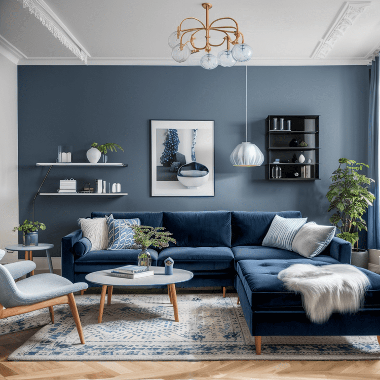 Wohnzimmer-Akzente: Tiefes Blau und kreative Designelemente